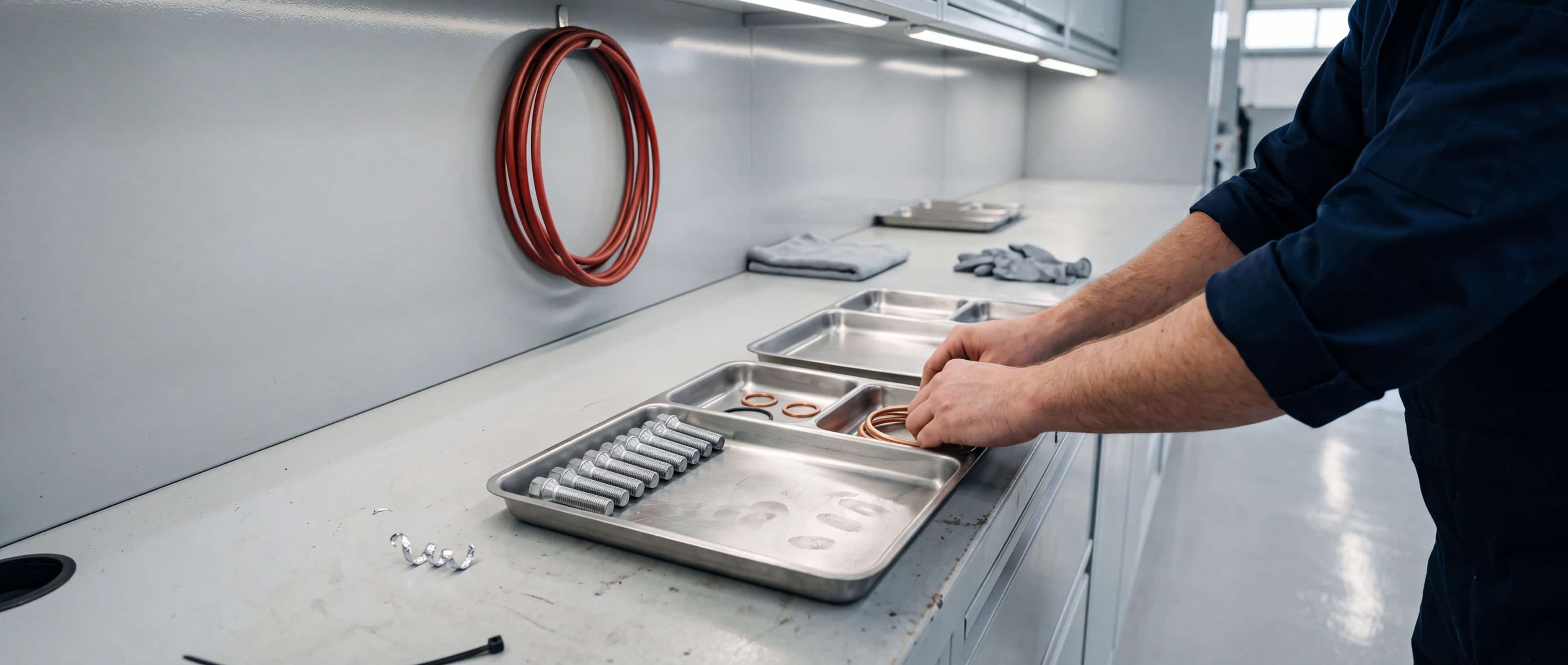 Ein Werkstattinhaber legt die Teile für einen Auftrag in die Fächer einer Stahlschale: zehn Radschrauben aufgereiht, zwei Kupferringe, ein O-Ring, eine Bremsleitung. Daneben steht eine zweite, leere Schale bereit.