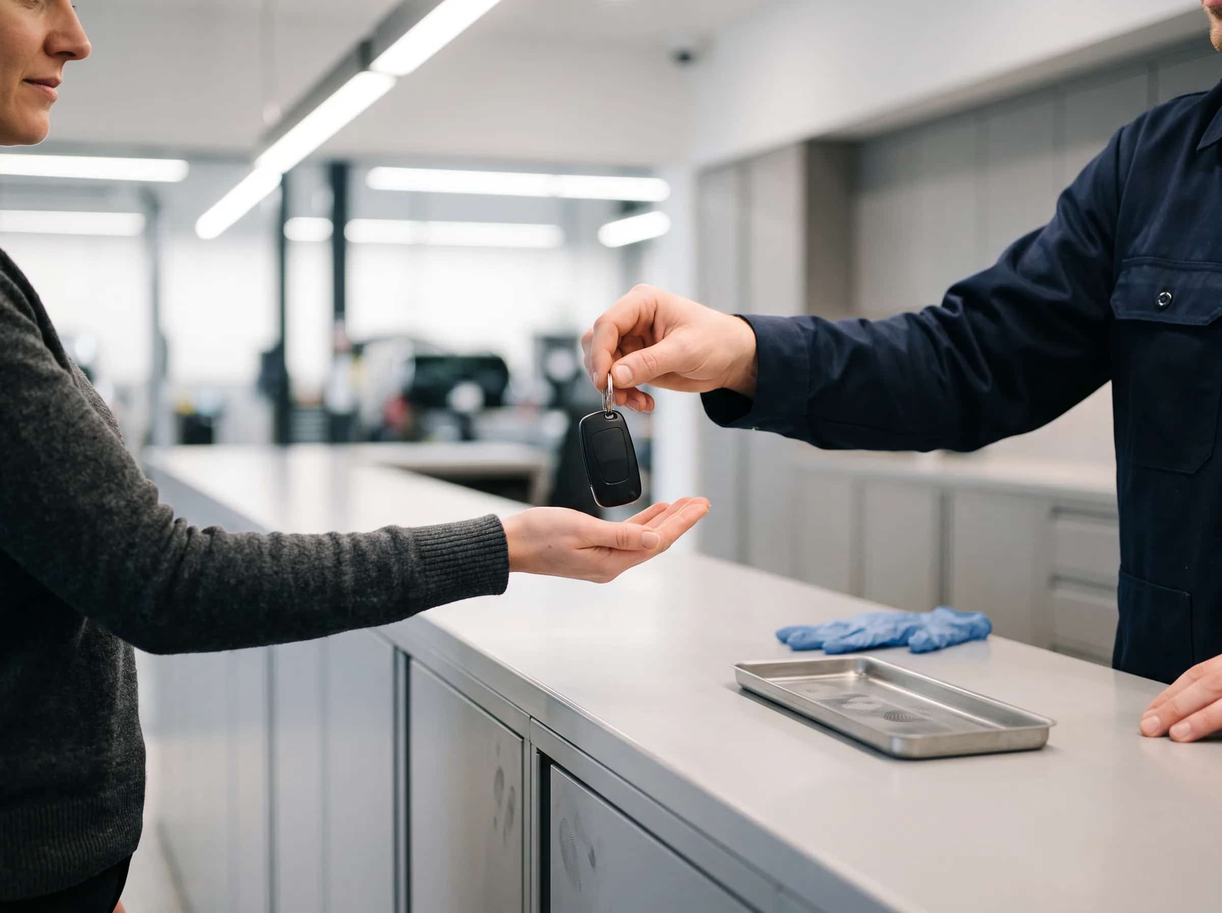 Schlüsselübergabe über den Tresen: die Hand des Inhabers legt den Autoschlüssel in die offene Hand der Kundin.