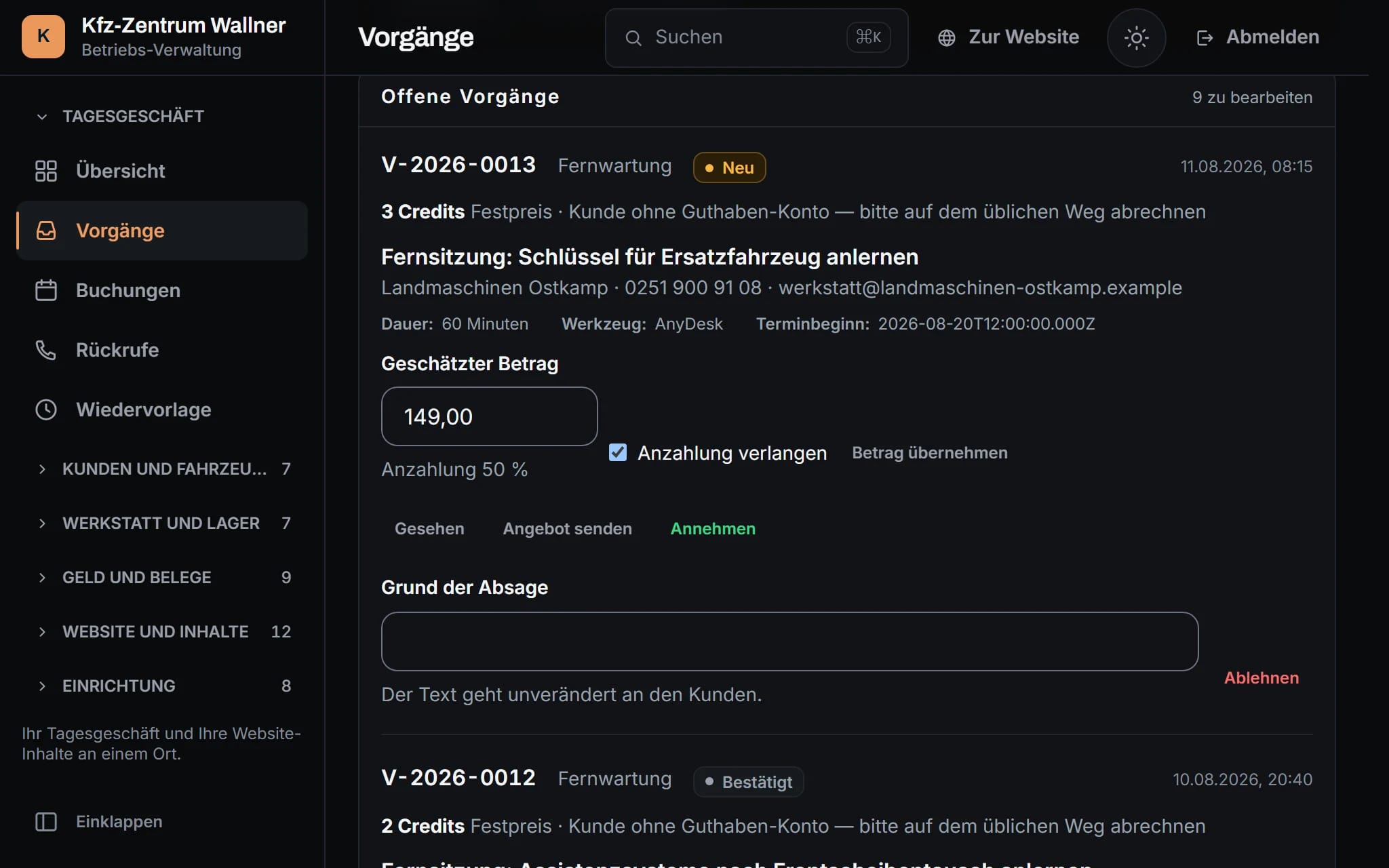 Verwaltung, Bereich Vorgänge: eine gemeinsame Liste aus Terminen, Anfragen und Aufträgen mit Nummer, Art, Kunde und Stand.