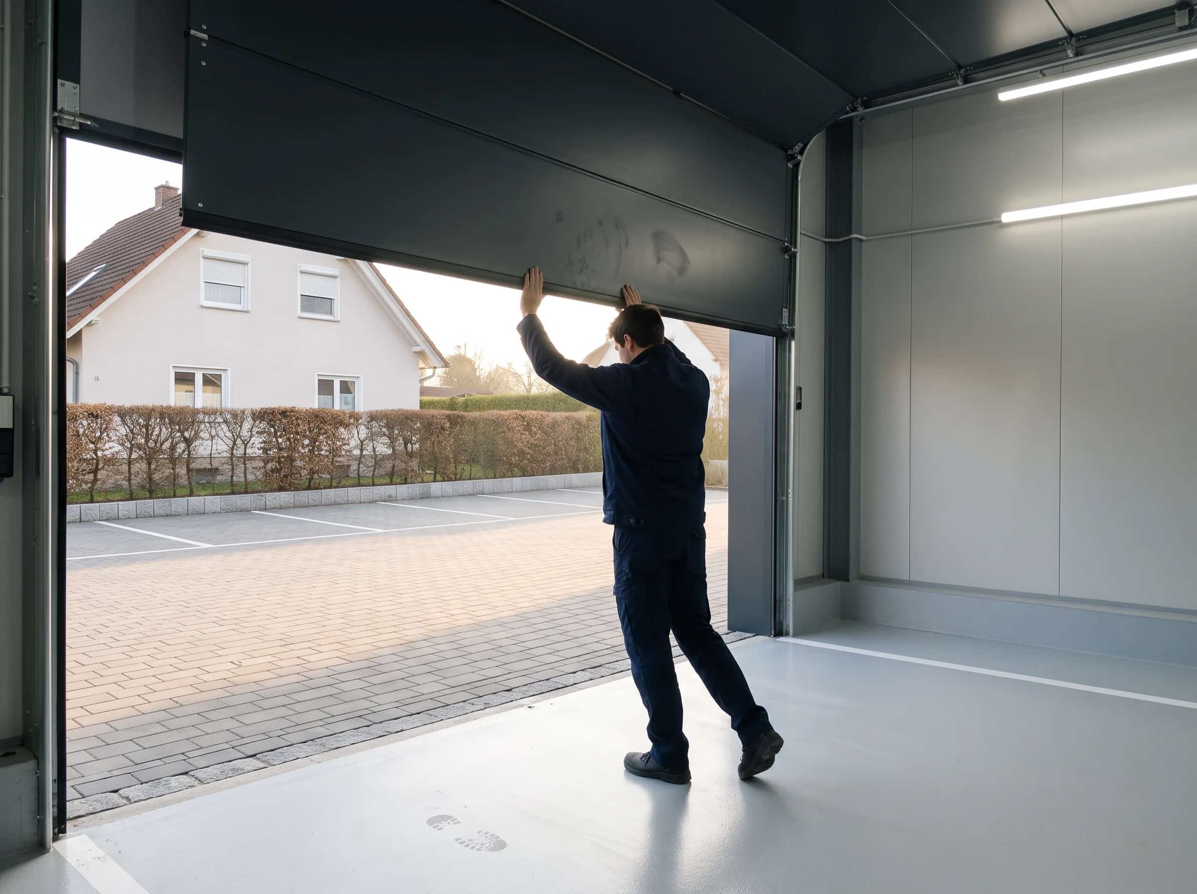 Früher Morgen: der Inhaber schiebt das Sektionaltor auf, dahinter liegt der gekehrte, leere Hof mit seinen markierten Stellflächen in der flachen Sonne.
