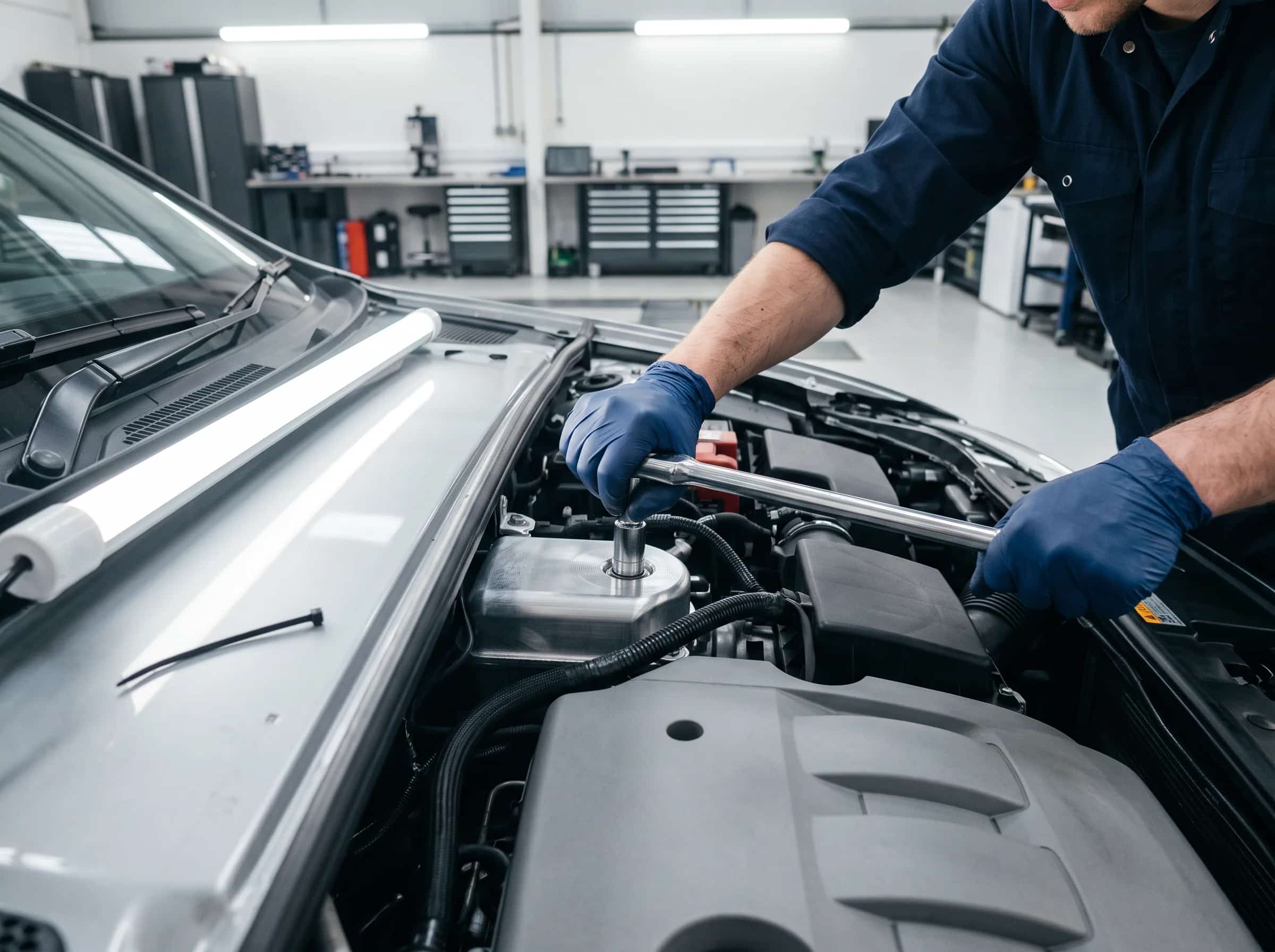 Blick von oben in einen geöffneten Motorraum: beide Hände lösen mit der Knarrenverlängerung eine festsitzende Schraube am Aluminiumgehäuse.
